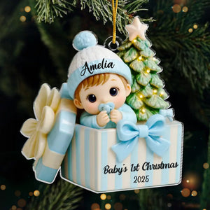 Custom First Christmas Acrylic Ornament - Personalized Christmas Baby Shower, Gender Reveal Gifts For New Moms, New Dads, New Parents - Joy Wrapped In Love