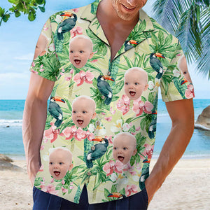 Motif de fleur d'oiseau tropical personnalisé - Chemise hawaïenne unisexe personnalisée pour la famille - Cadeau de vacances d'été, cadeau pour les membres de la famille