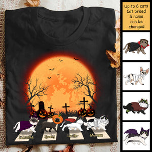 Halloween For Cats - Cat Walking Crosswalk In The Moonlight - Personalized Unisex T-Shirt, Halloween Ideas.