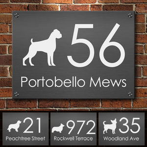 White Dog Silhouette Modern House Number - Personalized Metal Sign.
