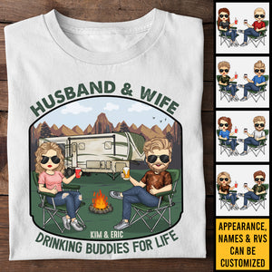 Husband & Wife Drinking Buddies For Life - Personalized Unisex T-shirt, Hoodie, Sweatshirt - Gift For Couple, Husband Wife, Anniversary, Engagement, Wedding, Marriage, Camping Gift