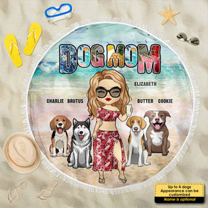 Maman chien, c'est l'heure de la plage ! Serviette de plage ronde personnalisée. Cadeau pour maman chien.