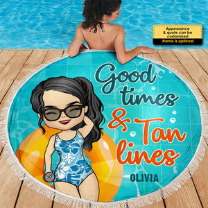 Serviette de plage ronde personnalisée « Good Times & Tan Lines »