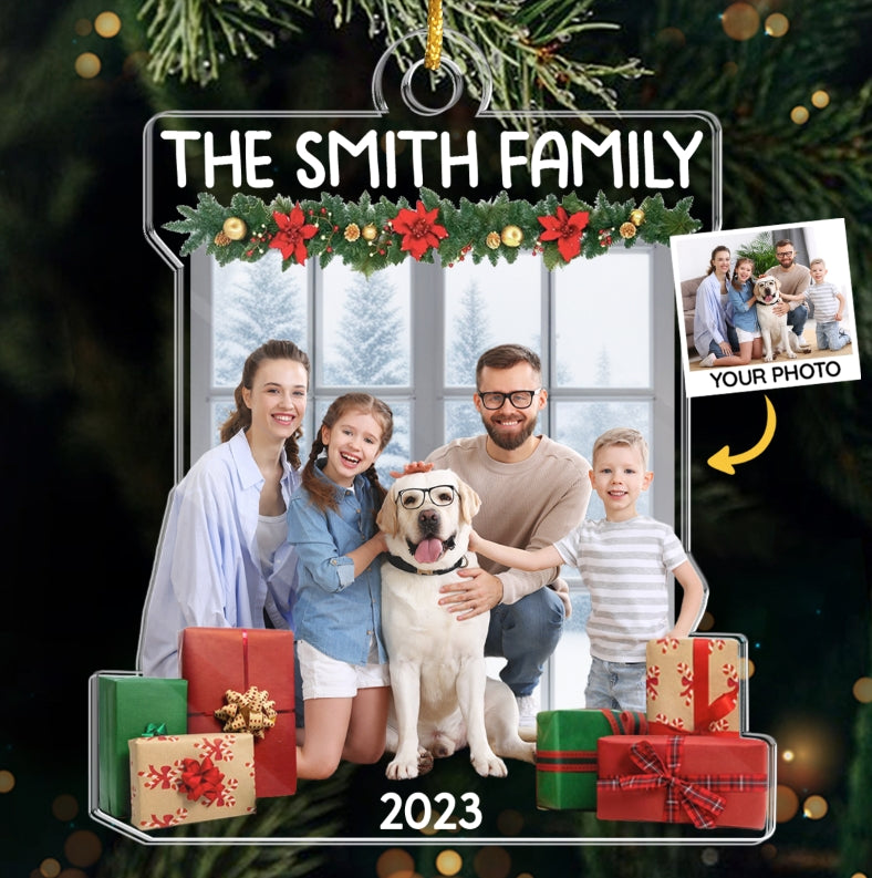Photo personnalisée Famille heureuse Vie heureuse - Ornement personnalisé familial personnalisé - Forme personnalisée en acrylique - Cadeau de Noël pour les membres de la famille
