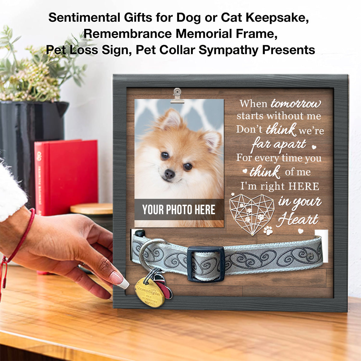 Pour chaque fois que tu penses à moi, je suis là dans ton cœur - Panneau commémoratif pour la perte d'un animal de compagnie, cadre photo pour collier - Cadeau de sympathie, cadeau pour les propriétaires d'animaux, les amoureux des animaux