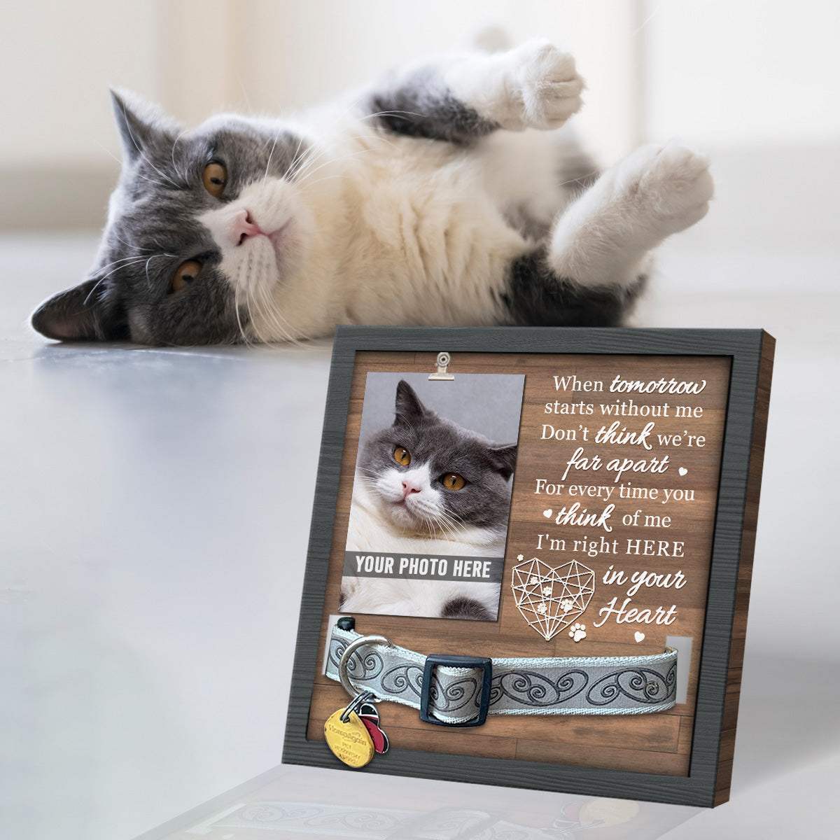Pour chaque fois que tu penses à moi, je suis là dans ton cœur - Panneau commémoratif pour la perte d'un animal de compagnie, cadre photo pour collier - Cadeau de sympathie, cadeau pour les propriétaires d'animaux, les amoureux des animaux