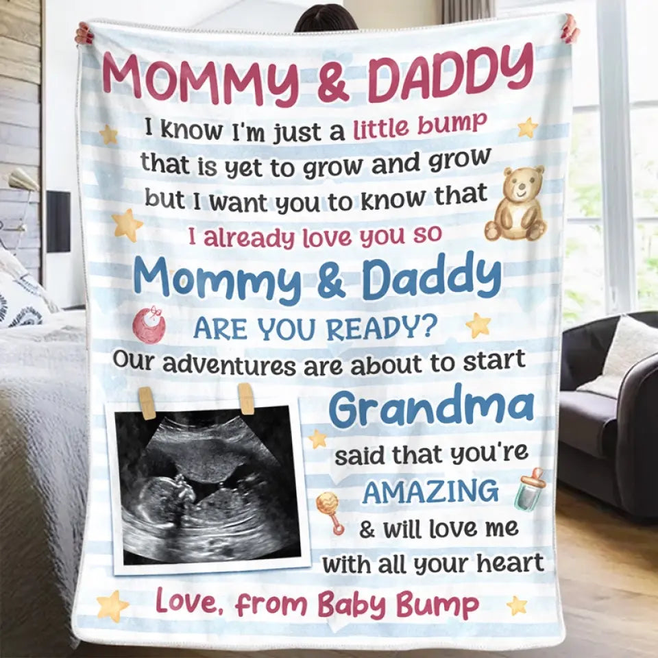 Couverture personnalisée avec photo « Maman, papa, es-tu prêt » ? Cadeau de naissance, cadeau pour la première maman, le premier papa.