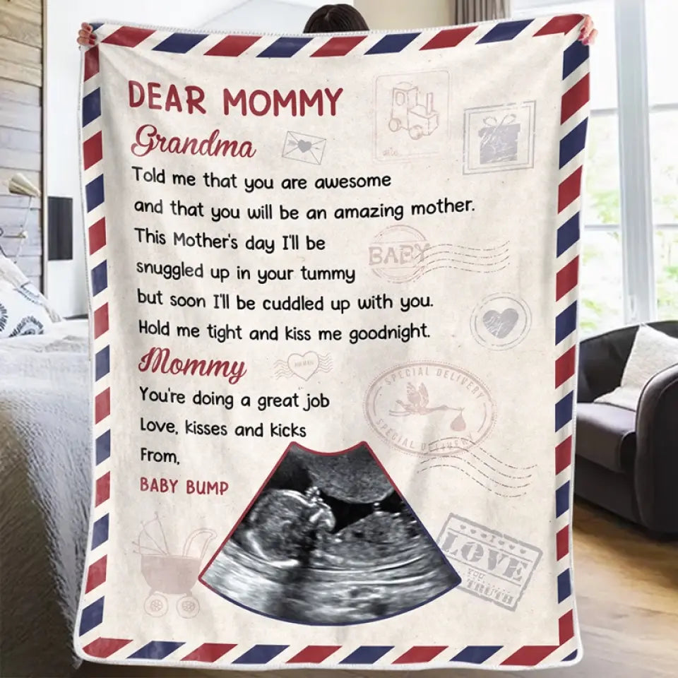 Couverture personnalisée avec photo « Je serai blotti dans ton ventre » - Cadeau de naissance, cadeau pour la première maman