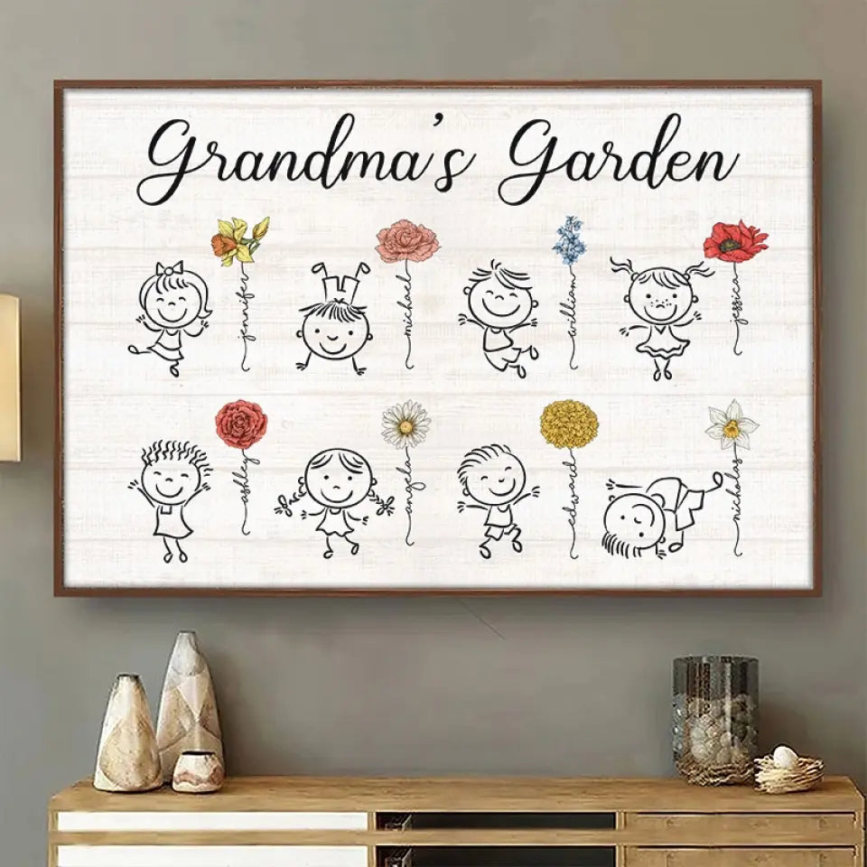 Jardin d'amour - Affiche horizontale personnalisée pour la famille - Cadeau pour grand-mère