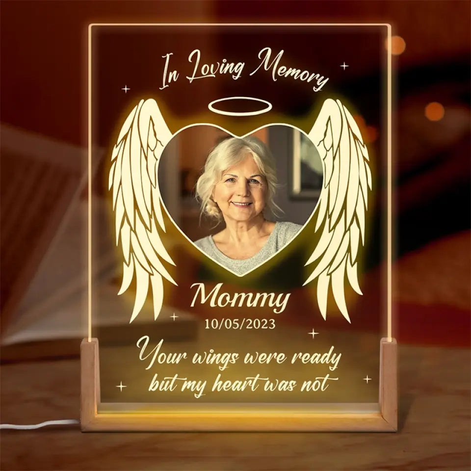 Photo personnalisée Votre lumière brillera toujours dans mon cœur - Veilleuse LED 3D en noyer personnalisée en forme de mémorial - Cadeau de condoléances pour les membres de la famille