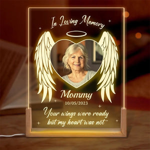 Photo personnalisée Votre lumière brillera toujours dans mon cœur - Veilleuse LED 3D en noyer personnalisée en forme de mémorial - Cadeau de condoléances pour les membres de la famille