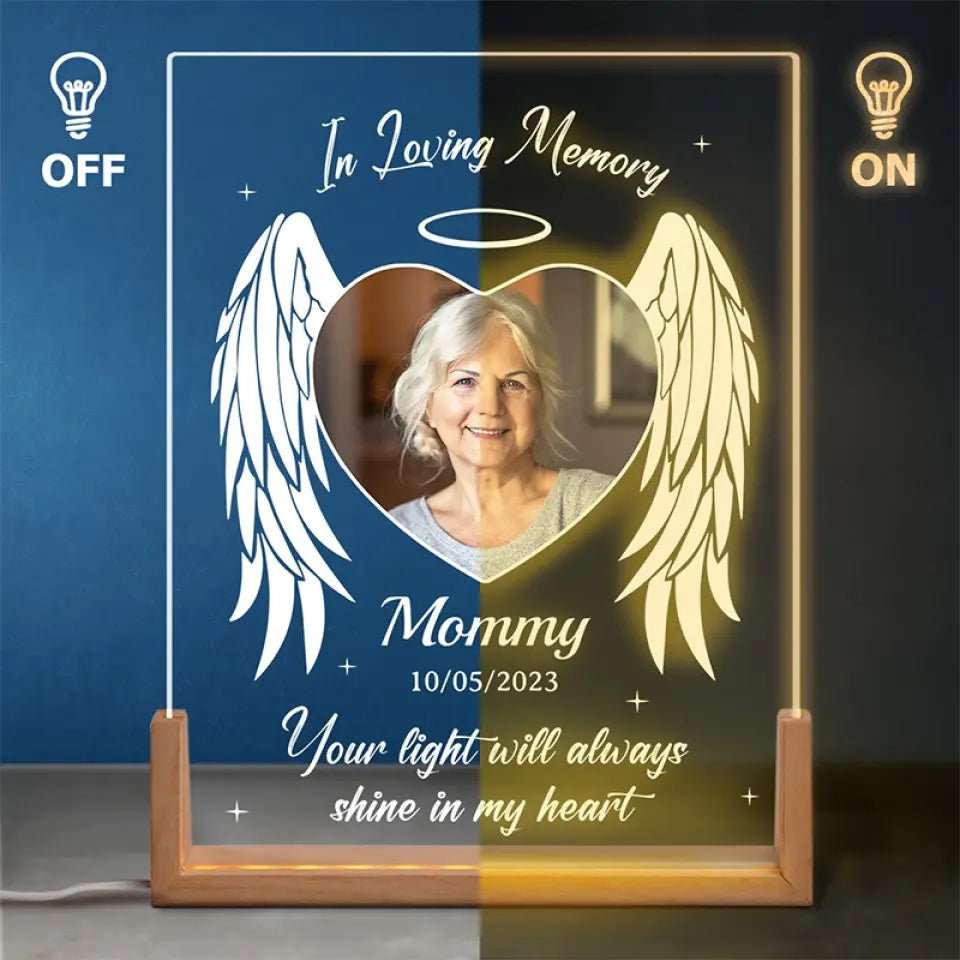 Photo personnalisée Votre lumière brillera toujours dans mon cœur - Veilleuse LED 3D en noyer personnalisée en forme de mémorial - Cadeau de condoléances pour les membres de la famille