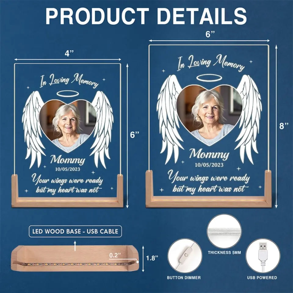 Photo personnalisée Votre lumière brillera toujours dans mon cœur - Veilleuse LED 3D en noyer personnalisée en forme de mémorial - Cadeau de condoléances pour les membres de la famille