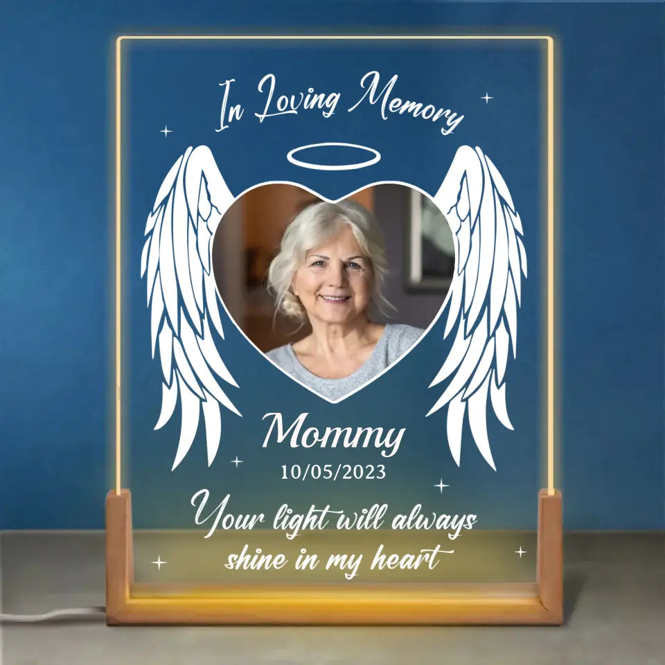 Photo personnalisée Votre lumière brillera toujours dans mon cœur - Veilleuse LED 3D en noyer personnalisée en forme de mémorial - Cadeau de condoléances pour les membres de la famille