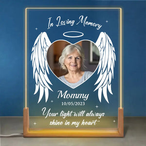 Photo personnalisée Votre lumière brillera toujours dans mon cœur - Veilleuse LED 3D en noyer personnalisée en forme de mémorial - Cadeau de condoléances pour les membres de la famille
