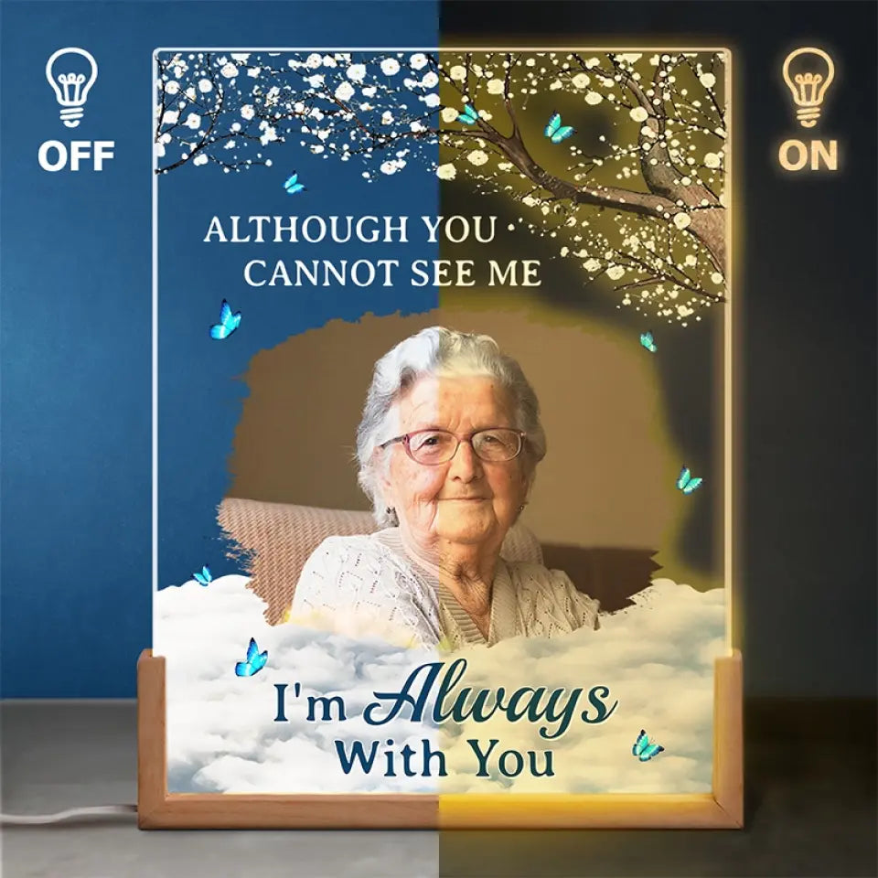Photo personnalisée « Nous sommes toujours avec vous » – Veilleuse LED 3D en noyer personnalisée en forme de mémorial – Cadeau de condoléances pour les membres de la famille