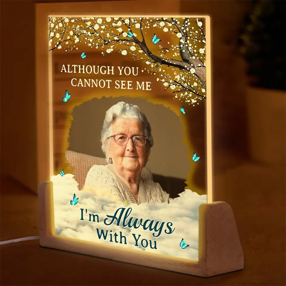Photo personnalisée « Nous sommes toujours avec vous » – Veilleuse LED 3D en noyer personnalisée en forme de mémorial – Cadeau de condoléances pour les membres de la famille