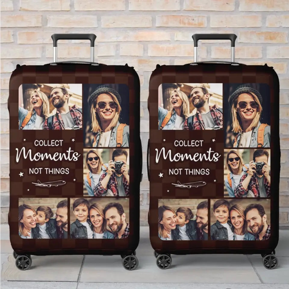 Housse de bagage personnalisée avec photo, collectionnez des moments, pas des choses - Cadeau de voyage pour les vacances, cadeau pour les amoureux du voyage d'aventure