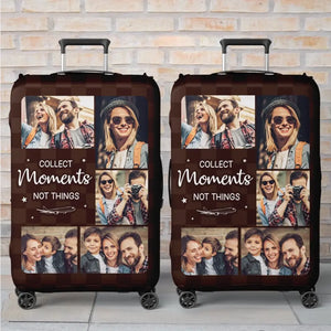 Housse de bagage personnalisée avec photo, collectionnez des moments, pas des choses - Cadeau de voyage pour les vacances, cadeau pour les amoureux du voyage d'aventure