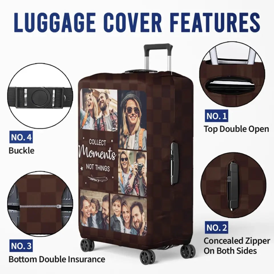 Housse de bagage personnalisée avec photo, collectionnez des moments, pas des choses - Cadeau de voyage pour les vacances, cadeau pour les amoureux du voyage d'aventure