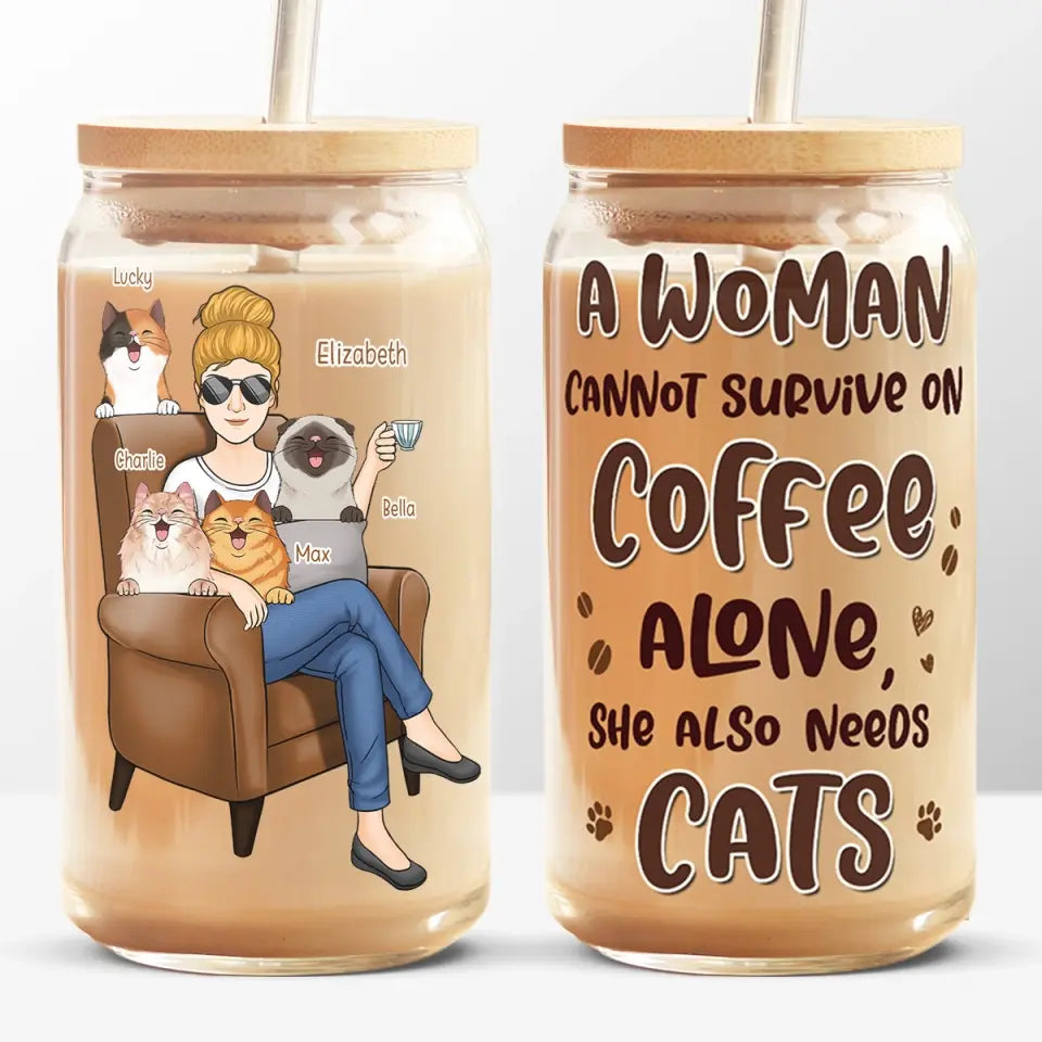 Une femme ne peut pas survivre avec seulement du café ! Tasse en verre personnalisée pour chien et chat, tasse à café glacé ! Cadeau pour la fête des Mères, pour les propriétaires d'animaux et les amoureux des animaux.