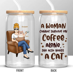 Une femme ne peut pas survivre avec seulement du café ! Tasse en verre personnalisée pour chien et chat, tasse à café glacé ! Cadeau pour la fête des Mères, pour les propriétaires d'animaux et les amoureux des animaux.