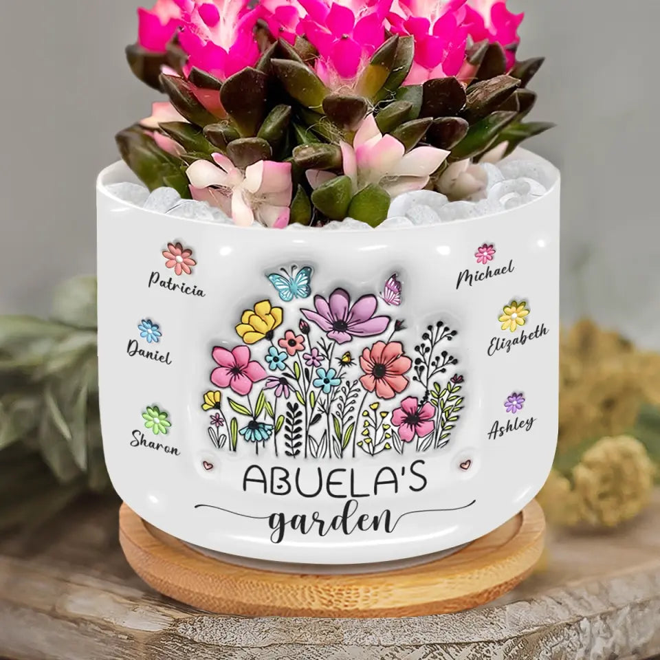 Fleurs dans le jardin de grand-mère - Pot de fleurs en céramique personnalisé avec effet gonflable 3D imprimé pour décoration d'intérieur - Cadeau de pendaison de crémaillère pour grand-mère