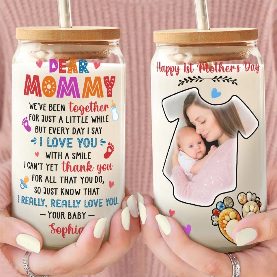 Tasse en verre personnalisée avec photo « Je t'aime avec un sourire » - Tasse à café glacée personnalisée pour la famille - Cadeau pour la fête des mères, la fête des mères, la fête des mères, la fête des mères