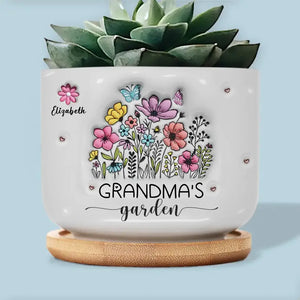 Fleurs dans le jardin de grand-mère - Pot de fleurs en céramique personnalisé avec effet gonflable 3D imprimé pour décoration d'intérieur - Cadeau de pendaison de crémaillère pour grand-mère