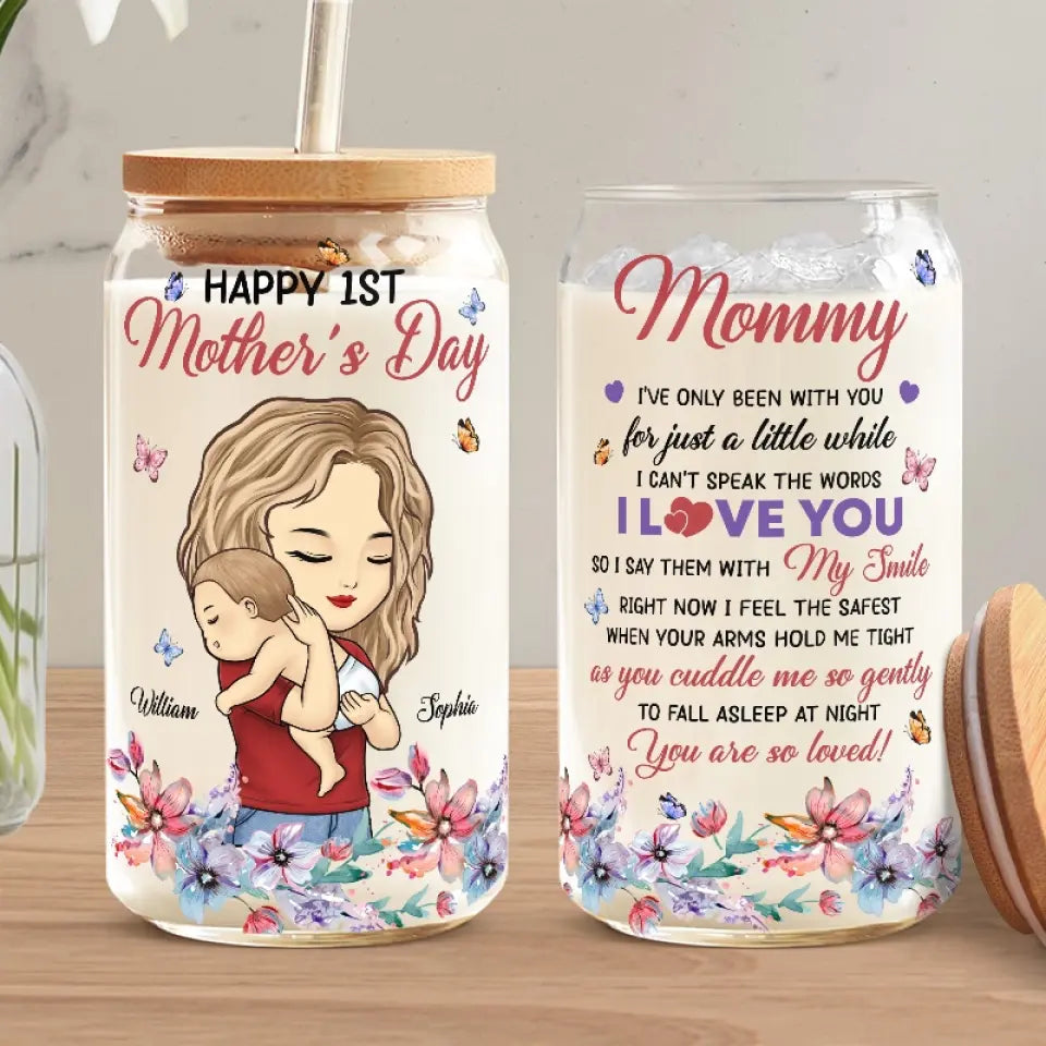 Je dis que je t'aime avec mon sourire - Tasse en verre personnalisée pour la famille, tasse à café glacé - Cadeau pour la fête des mères, baby shower, cadeau pour la première maman