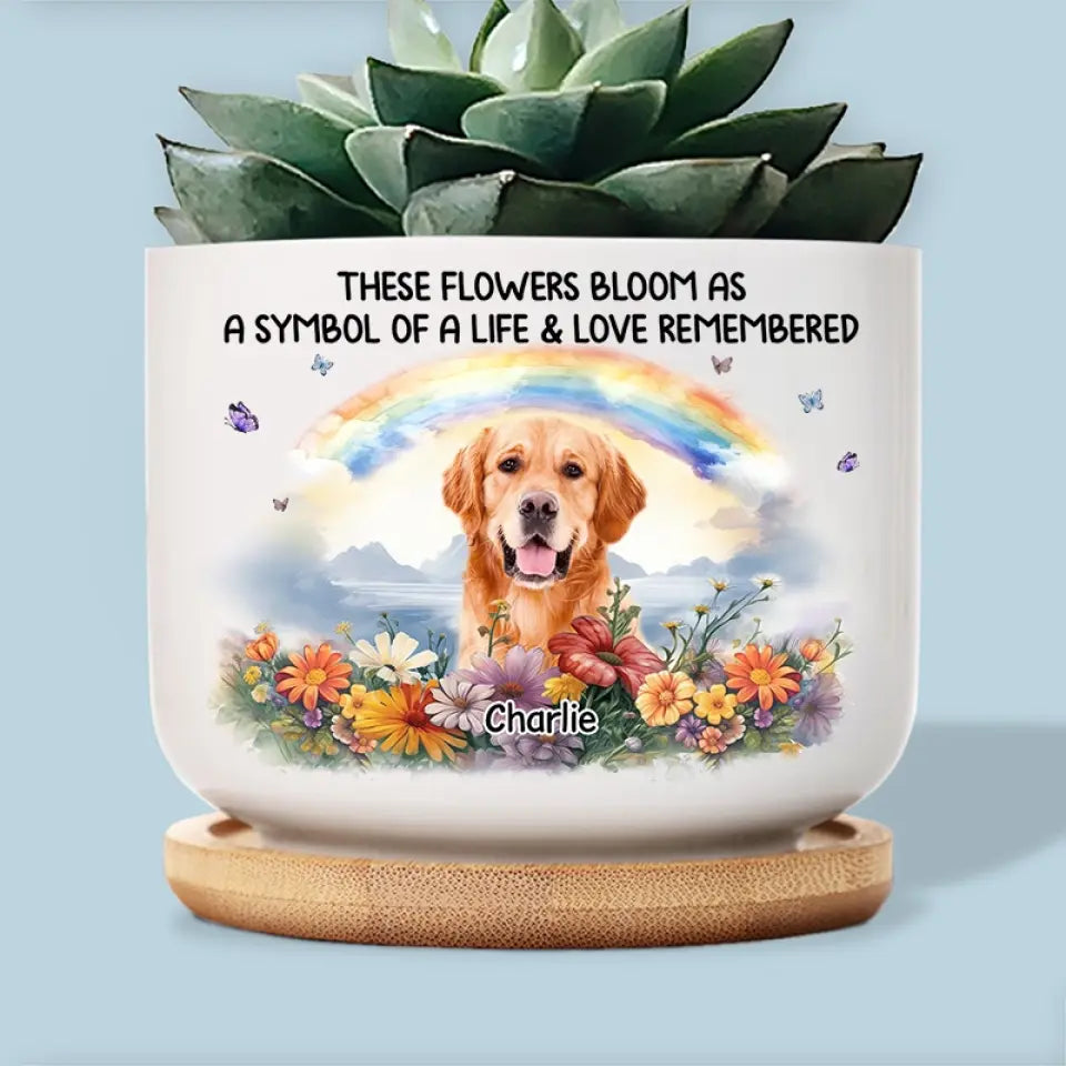 Photo personnalisée « Un morceau de mon cœur est au pont arc-en-ciel » - Pot de fleurs en céramique personnalisé pour décoration d'intérieur - Cadeau de condoléances pour les propriétaires et les amoureux des animaux