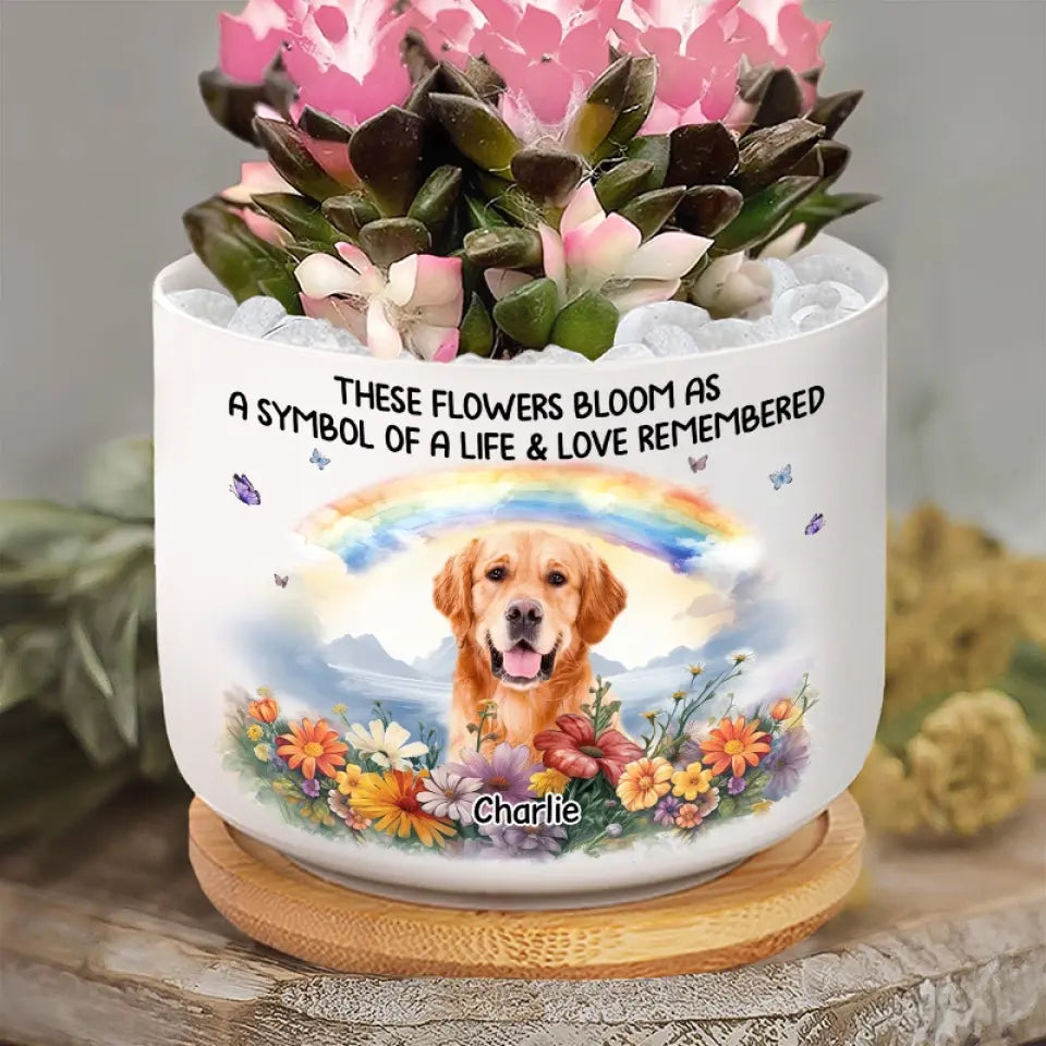 Photo personnalisée « Un morceau de mon cœur est au pont arc-en-ciel » - Pot de fleurs en céramique personnalisé pour décoration d'intérieur - Cadeau de condoléances pour les propriétaires et les amoureux des animaux