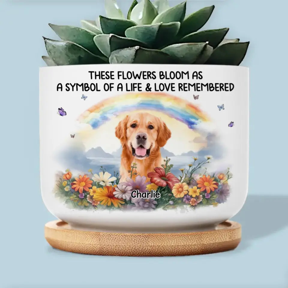 Photo personnalisée « Un morceau de mon cœur est au pont arc-en-ciel » - Pot de fleurs en céramique personnalisé pour décoration d'intérieur - Cadeau de condoléances pour les propriétaires et les amoureux des animaux
