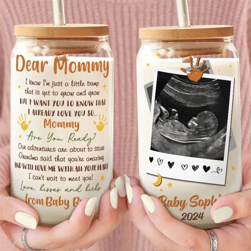 Photo personnalisée « J'ai hâte de te rencontrer » - Tasse en verre personnalisée pour la famille, tasse à café glacé - Cadeau pour la fête des mères, baby shower, première maman