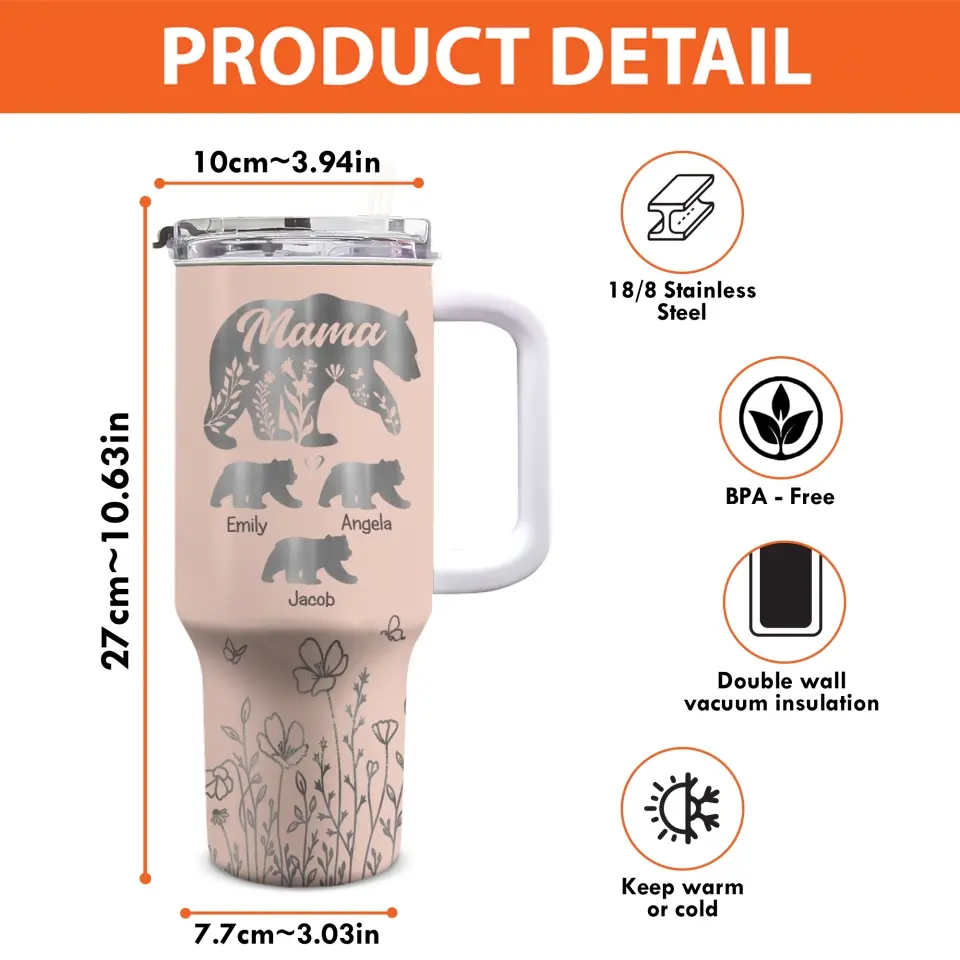 Mama Bear - Gobelet personnalisé en acier inoxydable de 113 ml avec poignée - Cadeau pour maman et grand-mère