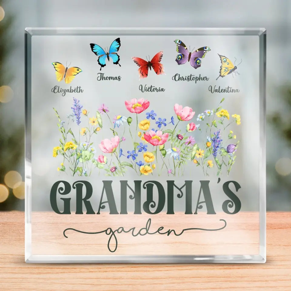 Des fleurs s'épanouissent dans le jardin d'amour de grand-mère - Plaque acrylique carrée personnalisée pour la famille - Cadeau pour maman et grand-mère