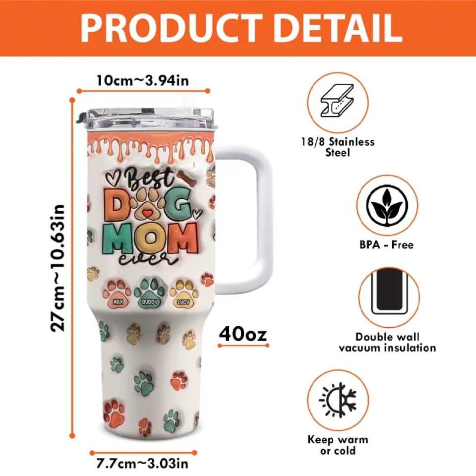 Meilleure maman de chien au monde - Gobelet personnalisé en acier inoxydable avec poignée, effet gonflé 3D, imprimé, 1 134 ml - Cadeau pour propriétaires et amoureux des animaux