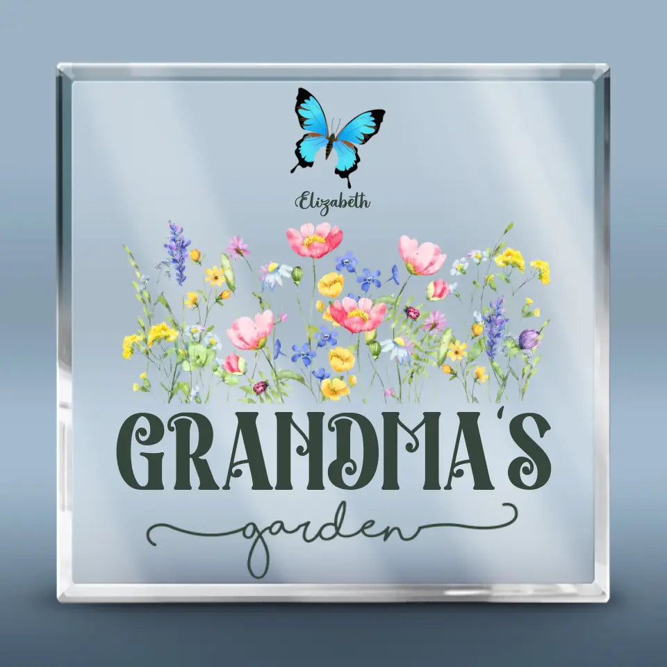 Des fleurs s'épanouissent dans le jardin d'amour de grand-mère - Plaque acrylique carrée personnalisée pour la famille - Cadeau pour maman et grand-mère