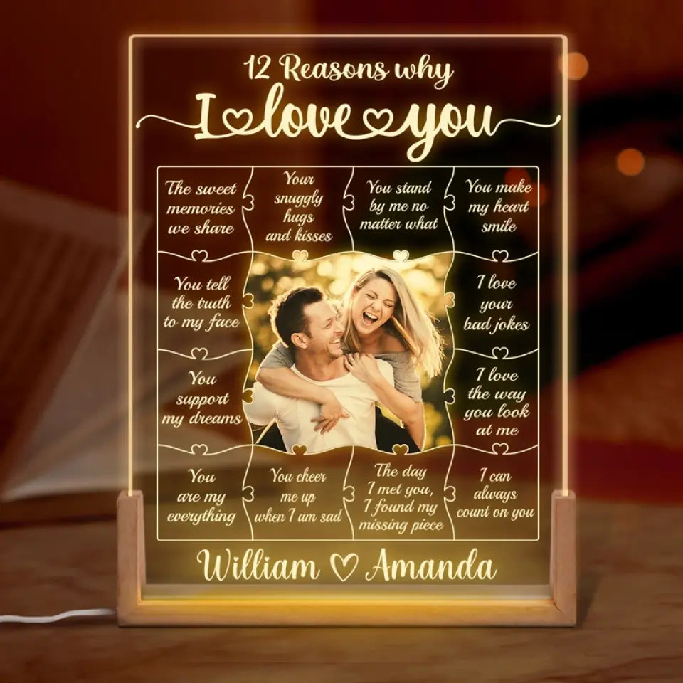 Photo personnalisée 12 raisons pour lesquelles je t'aime - Veilleuse LED 3D en noyer personnalisée pour couple - Cadeau pour mari et femme, anniversaire