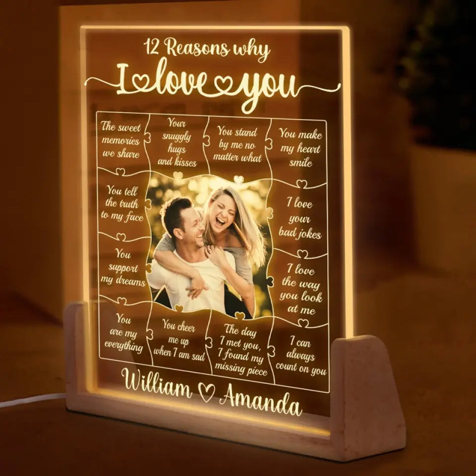 Photo personnalisée 12 raisons pour lesquelles je t'aime - Veilleuse LED 3D en noyer personnalisée pour couple - Cadeau pour mari et femme, anniversaire