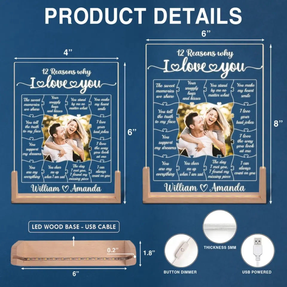 Photo personnalisée 12 raisons pour lesquelles je t'aime - Veilleuse LED 3D en noyer personnalisée pour couple - Cadeau pour mari et femme, anniversaire