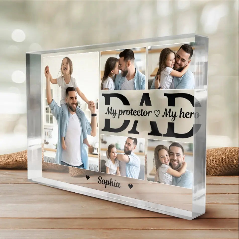 Photo personnalisée « Papa est mon protecteur » - Plaque rectangulaire en acrylique personnalisée pour la famille - Cadeau d'anniversaire et de fête des pères pour papa