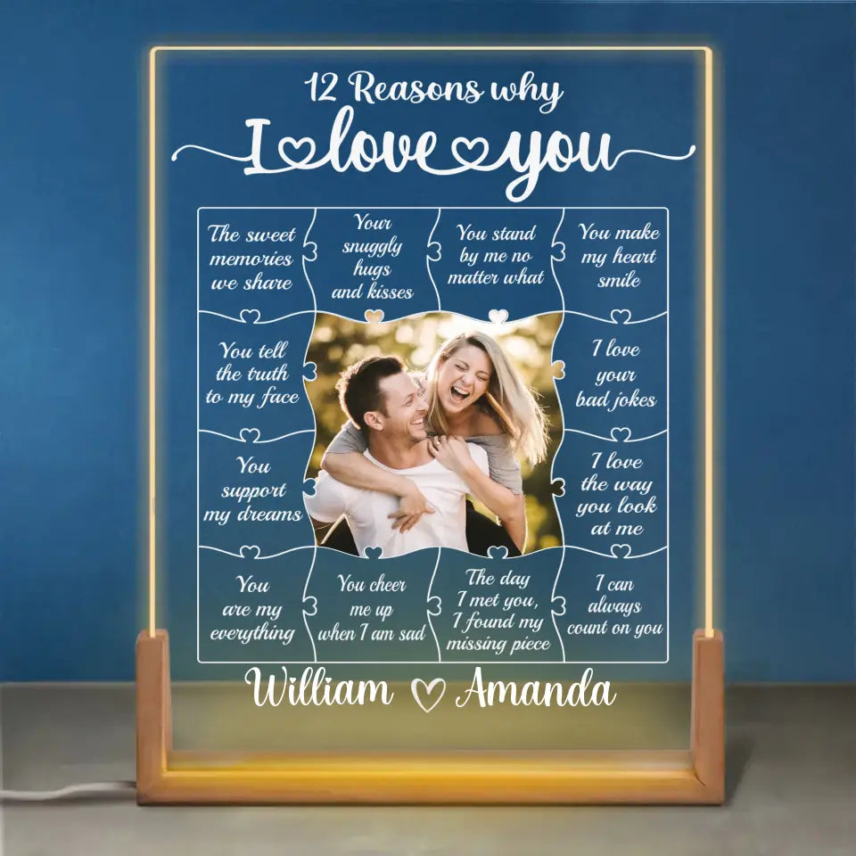 Photo personnalisée 12 raisons pour lesquelles je t'aime - Veilleuse LED 3D en noyer personnalisée pour couple - Cadeau pour mari et femme, anniversaire