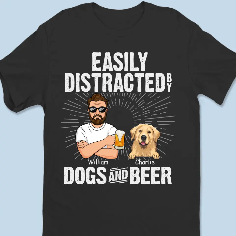 Facilement distrait par les chiens et la bière - T-shirt unisexe personnalisé pour chien, sweat à capuche, sweat-shirt - Fête des Pères, cadeau pour les propriétaires d'animaux et les amoureux des animaux