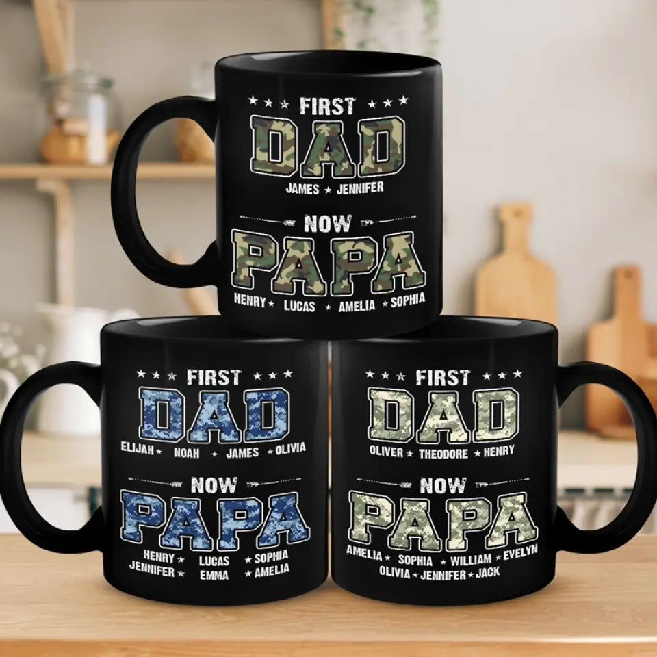 Premier papa, maintenant papa - Tasse noire personnalisée pour la famille - Fête des pères, cadeau pour papa, grand-père