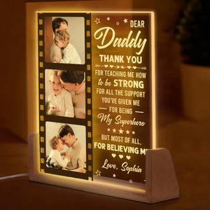 Photo personnalisée Merci papa de m'avoir appris à être fort - Veilleuse LED 3D en noyer personnalisée en forme de famille - Cadeau de fête des pères, d'anniversaire pour papa