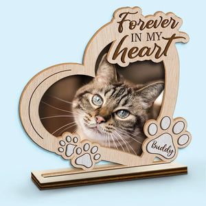 Photo personnalisée « Pour toujours dans mon cœur » – Plaque commémorative personnalisée en bois à 2 couches avec support plat – Cadeau de pendaison de crémaillère pour propriétaires et amoureux des animaux