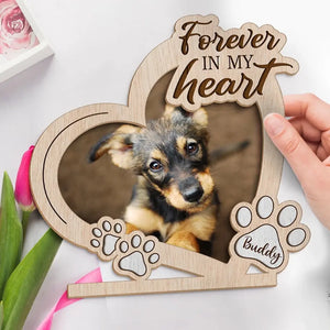 Photo personnalisée « Pour toujours dans mon cœur » – Plaque commémorative personnalisée en bois à 2 couches avec support plat – Cadeau de pendaison de crémaillère pour propriétaires et amoureux des animaux