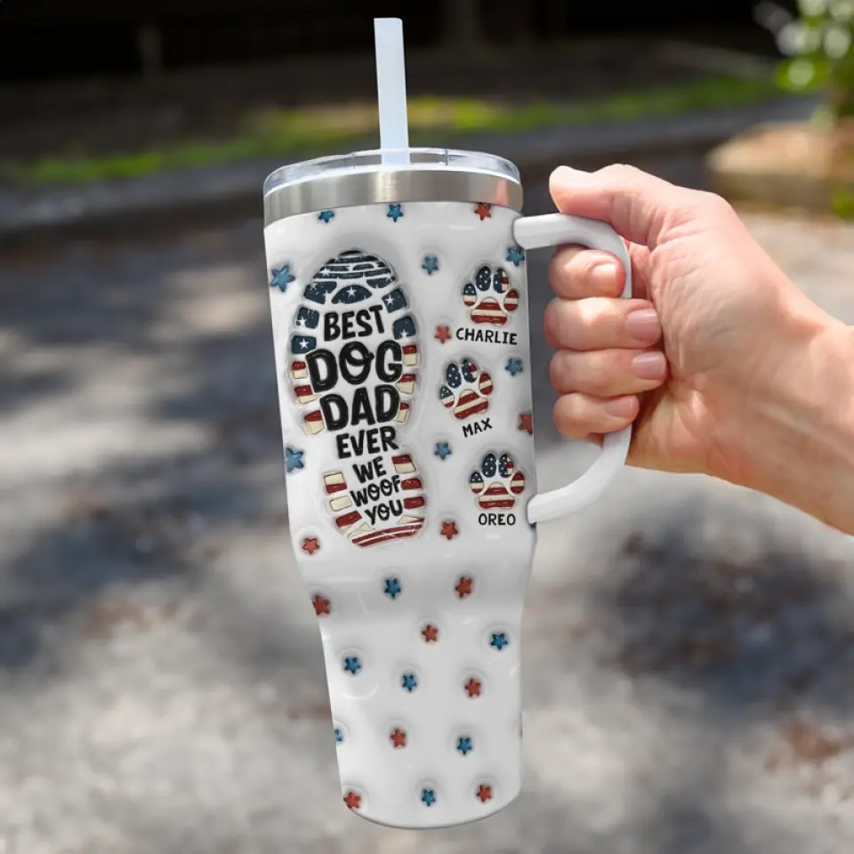 Woof You Every Moment We Share - Gobelet en acier inoxydable personnalisé avec poignée, effet gonflé 3D, imprimé, 40 oz - Fête des pères, cadeau pour les propriétaires d'animaux et les amoureux des animaux