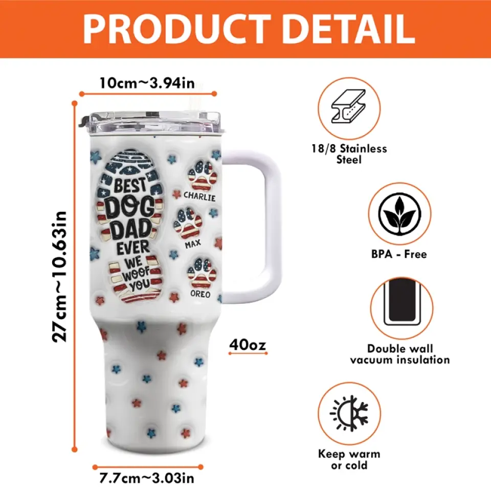 Woof You Every Moment We Share - Gobelet en acier inoxydable personnalisé avec poignée, effet gonflé 3D, imprimé, 40 oz - Fête des pères, cadeau pour les propriétaires d'animaux et les amoureux des animaux